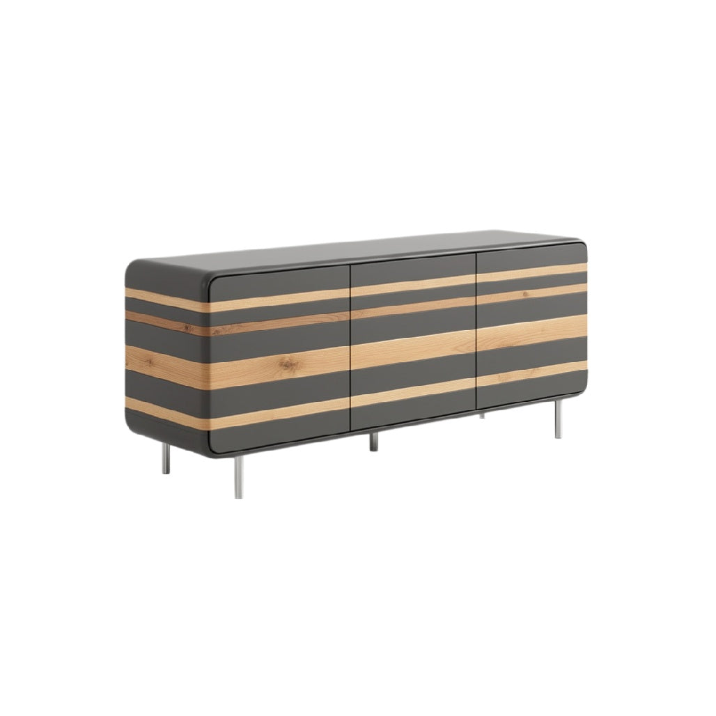 Sleek Modern Storage Cabinet with Wood Stripes and Metal Legs